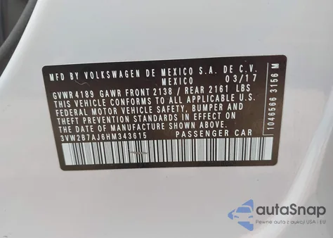 2017 Volkswagen Jetta 1.4T S from USA, damaged, VIN 3VW2B7AJ6HM343615